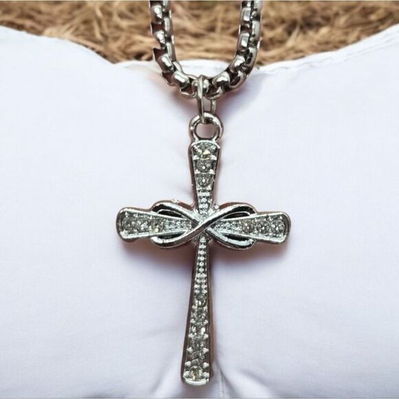 Rhinestone Infinity Cross Pendant Women's Silver Stainless Steel Necklace Gift - Picture 6 of 9